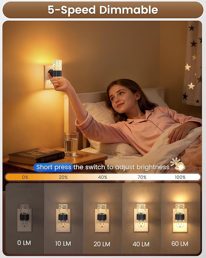 NIORSUN Night Light Plug into Wall, Dimmable Nights Lights with 3 CCT & 5 Brightness Levels, Slim Acrylic Plug in Night Light, Auto Dusk to Dawn Sensor for Stairs, Hallway, Bathroom, Black, 6 Pack