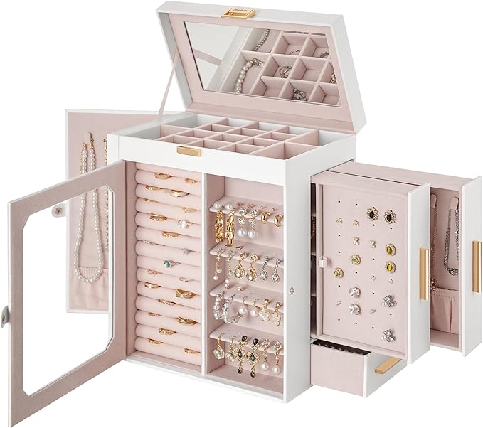 HOOBRO Jewelry Box with Mirror and Makeup Organizer Cart with Fabric Drawers Bundles, Jewelry Storage Case, Cosmetics Display Cases, for Earrings, Rings, Necklaces, Bracelets WT03JB04G2-WN19TC04