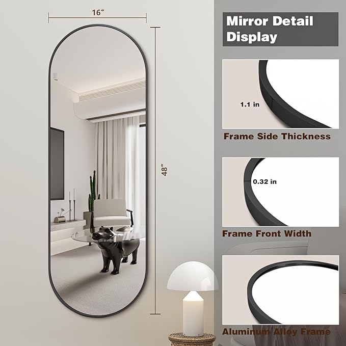 Niccy 48"×16" Oval Full Length Mirror, Long Oval Mirror with Unique Metal Frame Large Explosion-Proof Hanging Mirror for Living Room, Decorative Vanity Mirror for Bathroom, Bedroom, Black