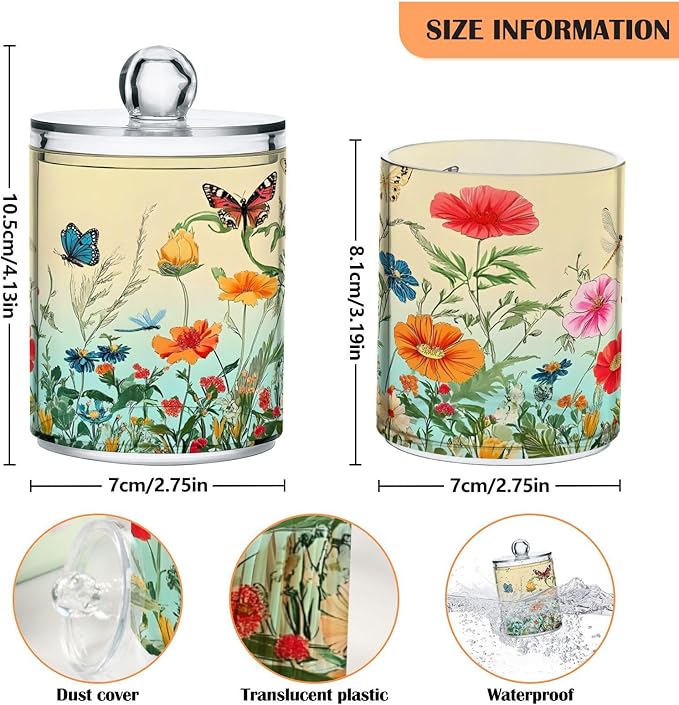 2 Pack Qtip Holder Dispenser for Cotton Ball Dragonfly Butterfly Tulip Flower Swab Round Pads Clear Plastic Acrylic Jar Set Bathroom Canister