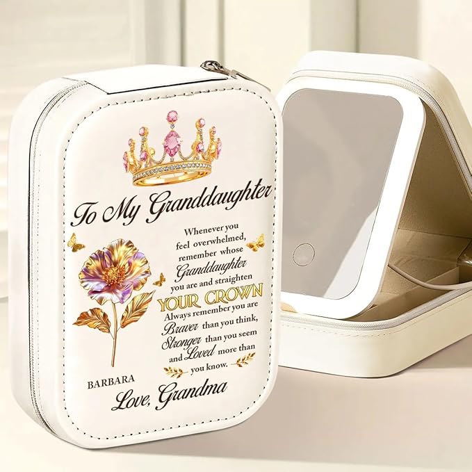 Straighten Your Crown - Personalized Custom Jewelry Box With LED Mirror - Remember Whose Granddaughter You Are Encouragement Jewelry Box, Appreciation Thank You Gifts for Granddaughter on Christmas