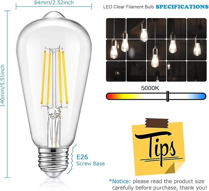 Vintage LED Dimmable Edison Light Bulbs 100W Incandescent Equivalent, 8W 1200Lumens, E26 Base LED Filament Bulb, 5000K Daylight White, ST64/ST21 Antique Clear Glass for Home, Reading, Bathroom, 4-Pack