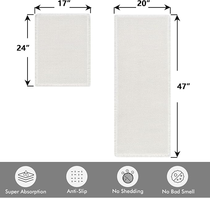 MIULEE Set of 2 Waffle Bathroom Rugs, Boho Bath Rugs Non Slip Washable, Super Absorbent Bath Mats, Ultra Soft Rubber Backed Shower Mats for Bathroom Floor, Tub, White, 17"x24"+20"x47"