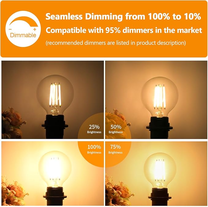 G25 LED Globe Light Bulbs, Dimmable Edison Filament Vanity Light Bulbs, 8W 100W Equivalent, 1200 Lumens Bright, 2700K Soft White, E26 Medium Base Clear Glass for Bathroom Vanity Mirror, 4 Pack