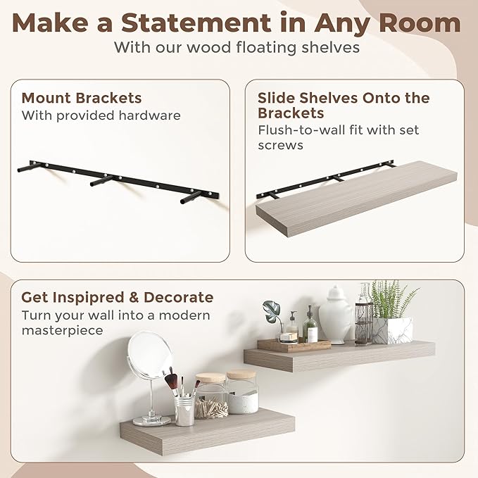 Fun Memories 12 Inch Deep Floating Shelves, 48 x 12 Floating Shelves for Wall Set of 2, Extra Deeper Hanging Wood Wall Shelves for Bedroom, Living Room, Kitchen, Grey