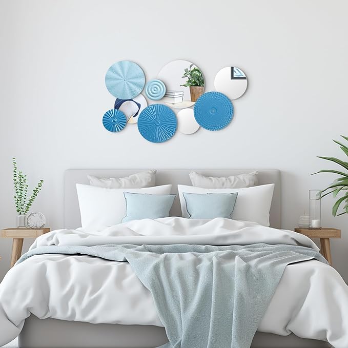 Blulu 9 Pcs Blue Mirror Wall Decor Metal Round Home Art Decor Decorative Modern Circle Mirror Wall Art Sculpture Hanging Decorations for Home Living Room Office
