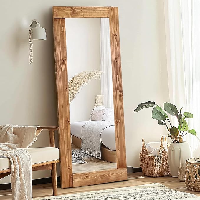 Full Length Mirror 58"x24" – Solid Wood Frame, HD Tempered Glass, Wall Mounted & Leaning, Rustic Modern Decor for Bedroom, Living Room, Entryway, Light Brown