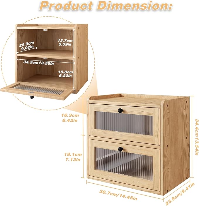 Alpeir Double Layer Large Bread Box for Kitchen Counter, Wooden Corner Bread Storage Container with Acrylic Window, Original