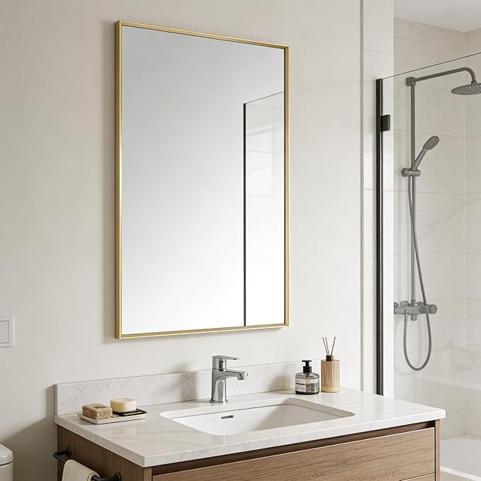 Bathroom Mirror for Wall, 20x30 Inch Metal Framed Mirror, Brushed Gold Rectangle Mirror, Bathroom Vanity Mirror Farmhouse, Tempered Glass, Anti-Rust, Hangs Horizontally or Vertically