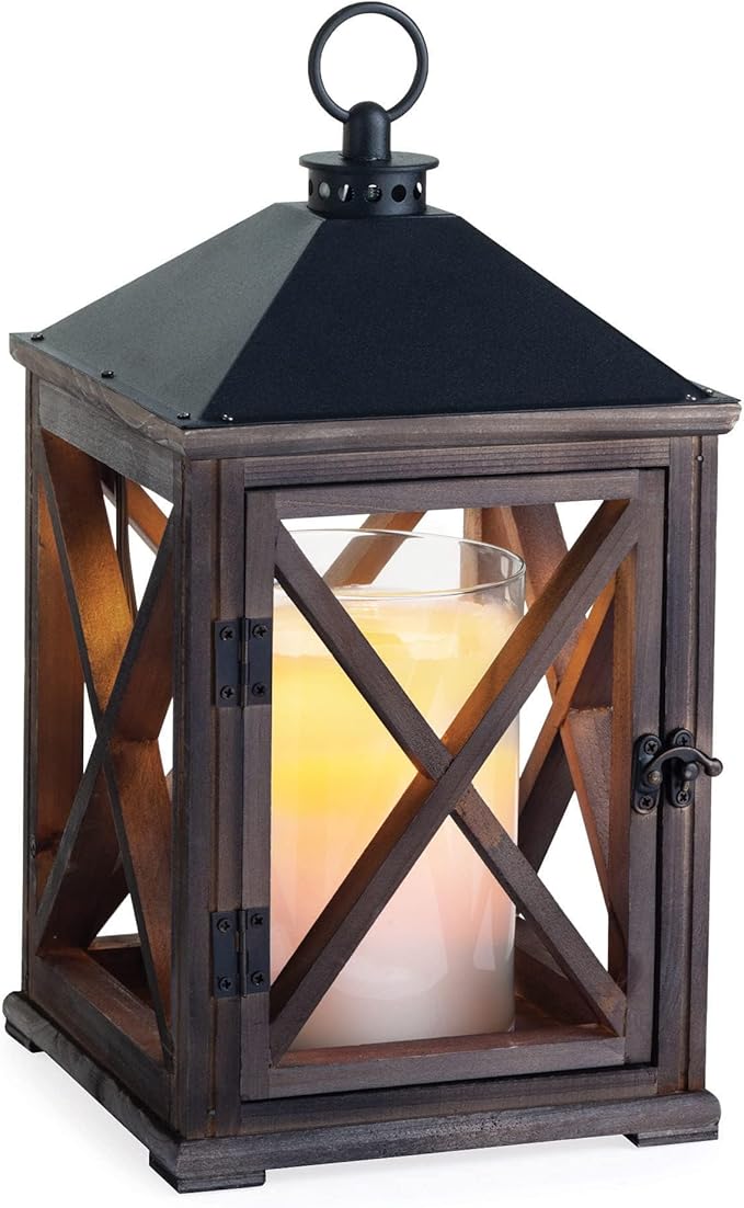 Candle Warmers Etc. Wooden Farmhouse Lantern for Top-Down Candle Melting (Weathered Espresso) – Flame-Free Fragrance in Minutes, Longer-Lasting Candles