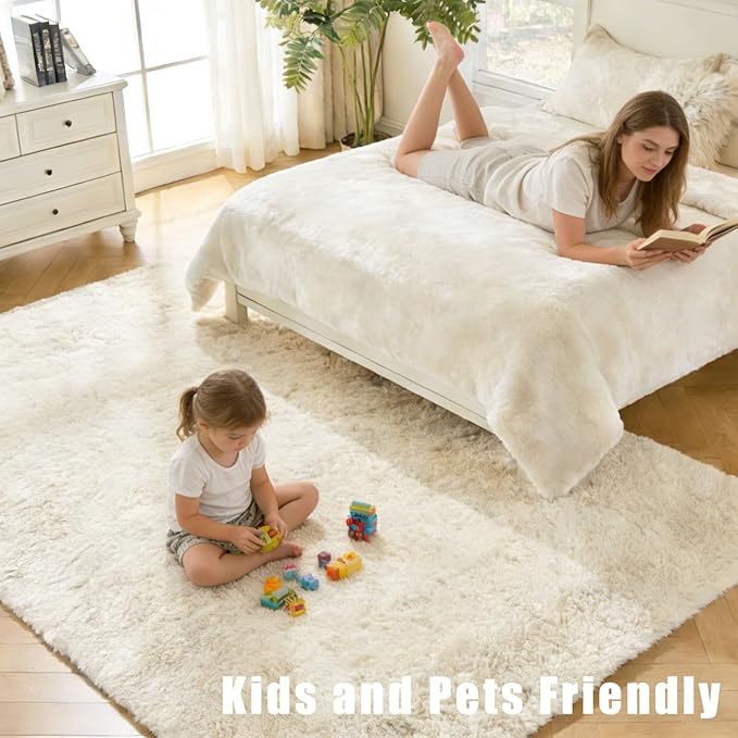 White Fluffy Area Rugs for Bedroom - 5x7 Soft Plush Shag Rug for Living Room Nursery Kids Room - Non Slip Fuzzy Shaggy Floor Carpets for Girls Boys Play Room Dorm Decor,Cream White