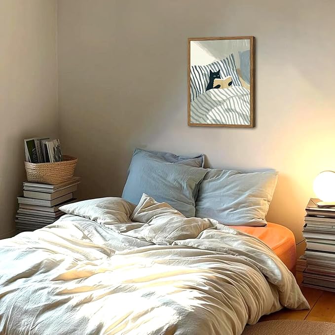 Funny Black Cat Wall Art Painting, Whimsical Cat in Stripe Bed Reading Wall Decor, Cute Animal Book Lover Blue and White Poster Canvas Prints for Bedroom Living Room 16x24 inch Wood Framed