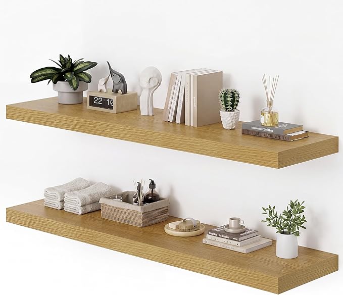Heimlove 48W x 12D Long Floating Shelf, 12 Inch Deep Floating Shelves for Wall Set of 2, Wood Shelves for Bedroom Living Room Bathroom Kitchen Home Office, Wall Shelves with Heavy Duty Bracket, Oak