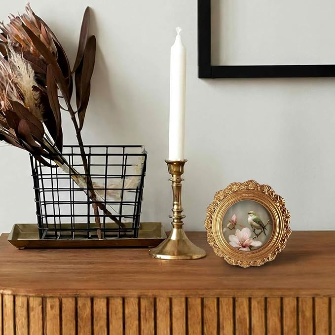 Small Vintage Bird Spring Round Picture Frame Wall Decor, Pink Flower Gold Mini Ornate Photo Frame for TableTop Desk 2.7in Photo,Rustic Farmhouse Framed Artwork for Walls Office Bedroom Shelf