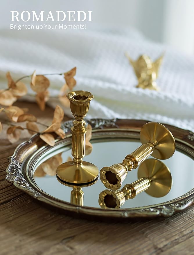 Gold Candle Holders Vintage Decor - Romadedi Solid Brass Candlestick Taper Holder for Wedding Christmas Table Centerpiece Mantel Home Decoration 5.5 Inch Set of 6