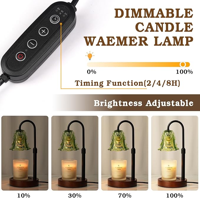 Small Candle Warmer Lamp with Timer, Adjustable Green Lamp Warmer for Jar Candles, Unique Women Gifts for Birthday, Dimmable Candle Heater, Cute Wax Warming Light with Wood Base