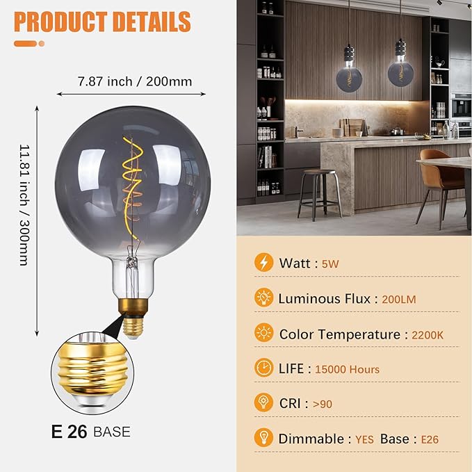 SD LUX Oversized Vintage LED Light Bulbs 5W, Medium Base E26, Giant Edison Bulb Large Decorative Bulbs, Huge Edison Light, Dimmable 200LM(15W Equi) Pendant Lighting Warm White 2200K,1 Pack(G200-Smoke)