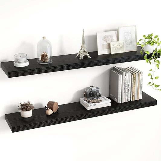 Acovy 40 Inch Floating Shelves, 8 Inch Deep Floating Shelves for Wall, Hanging Shelf with Invisible Brackets, Deep Shelves for Bathroom, Bedroom, Living Room, Black, Set of 2