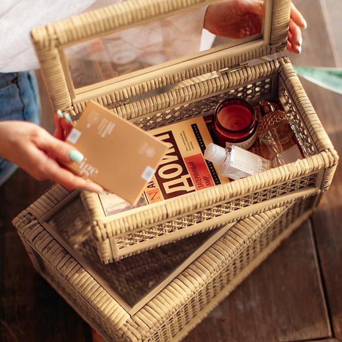 Large Handwoven Boho Rattan Display Boxes with Glass Lids - Set of 2 Rectangular Decorative Storage Bins - Natural Woven Cane Home Decor Organizers (15.55" x 9.64" x 5.9" & 12.48" x 6.88" x 4.52")
