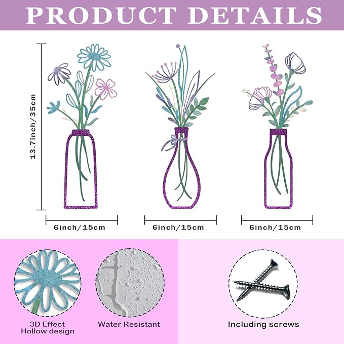Pigort 3 Pieces Metal Flowers Wall Arts - Rustic Farmhouse Decor Purple Minimalist Flower Wall Decors for Living room Bathroom Bedroom Dining Room-Housewarming Gifts(Purple, Vase-C)