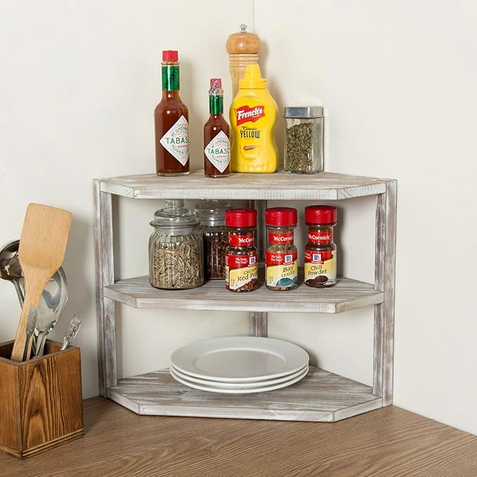 MyGift 3 Tier Counter Corner Shelf for Kitchen, Countertop Spice Rack, Dish Plate & Bread & Fruit Storage Organizer Condiment Shelf, Rustic Brown Washed Solid Wood