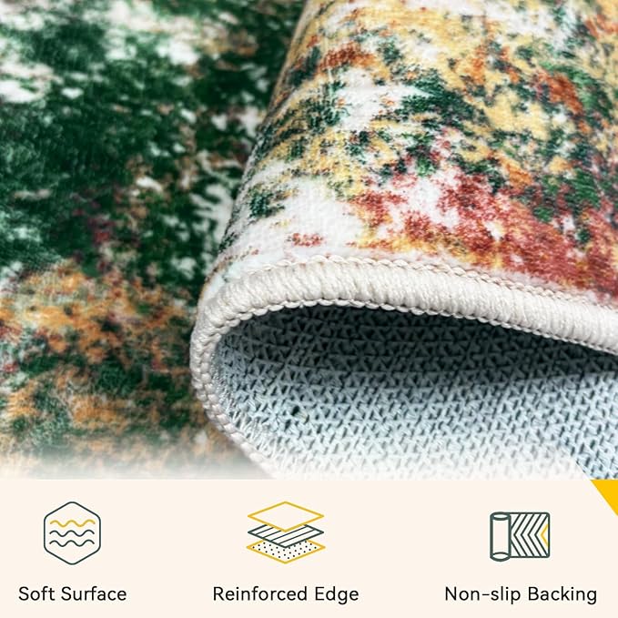 RELEANY Washable Area Rugs 2'x8' Non-Slip Modern Abstract Soft for Living Room Entryway Bedroom Nursery, Print Pattern, Green Orange Rust Red Cream Colorful