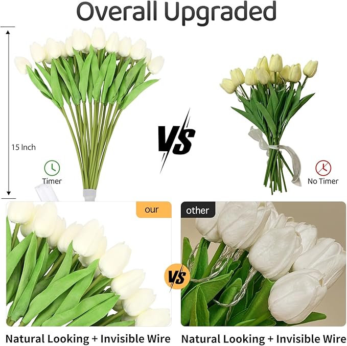 HOMESEASONS Pre-Lit 20pcs LED Lighted Fake Flowers Artificial Tulips Real Touch Tulip Bouquet 15" Faux Tulips for Easter Decor Spring Decor Mother's Day Home Kitchen Wedding Decorations(Cream)