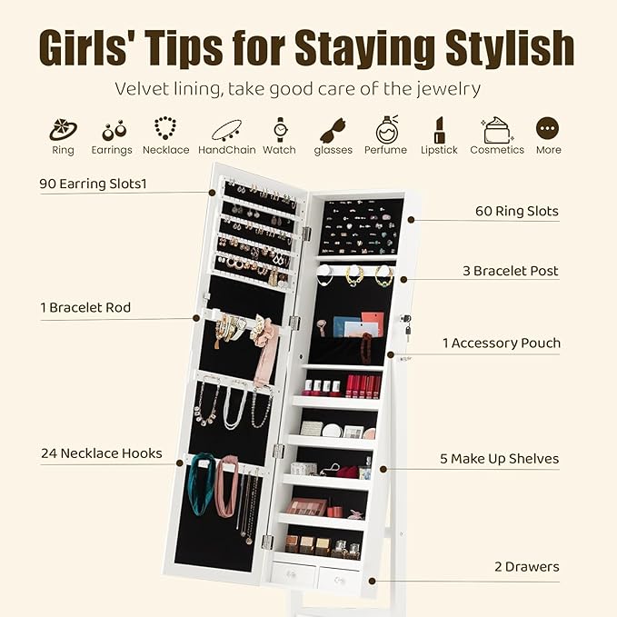 Sweetcrispy Freestanding Jewelry Armoire Cabinet, 47.3-Inch Full Length Jewelry Organizer Standing Mirror, Tall Lockable Large Capacity Makeup Organizer Storage, Velvet Lining, 3 Angles, White
