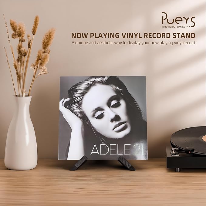 PUERSI Now Playing Vinyl Record Stand, Wooden Display Vinyl Holder Stand, Retro Now Spinning Record Accessories - Black