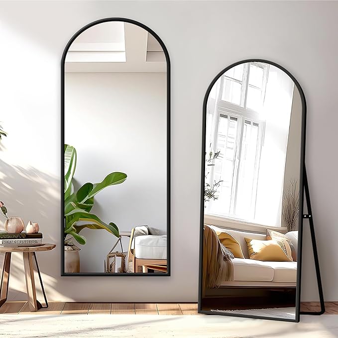 GlasFlength Full Length Mirror with Stand, 64"x21" Arched Full Body Mirror with Aluminum Alloy Frame, Wall-Mounted/Leaning Against Wall/Standing Floor Mirror for Bedroom, Living Room, and Entryway