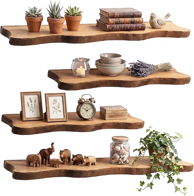 Pinkunn 4 Pcs Floating Shelves for Wall Wooden Live Edge Shelf Wall-Mounted Natural Solid Wood Bedroom Kitchen Storage Living Room Nursery Decor (23.62/35.43 Inch)
