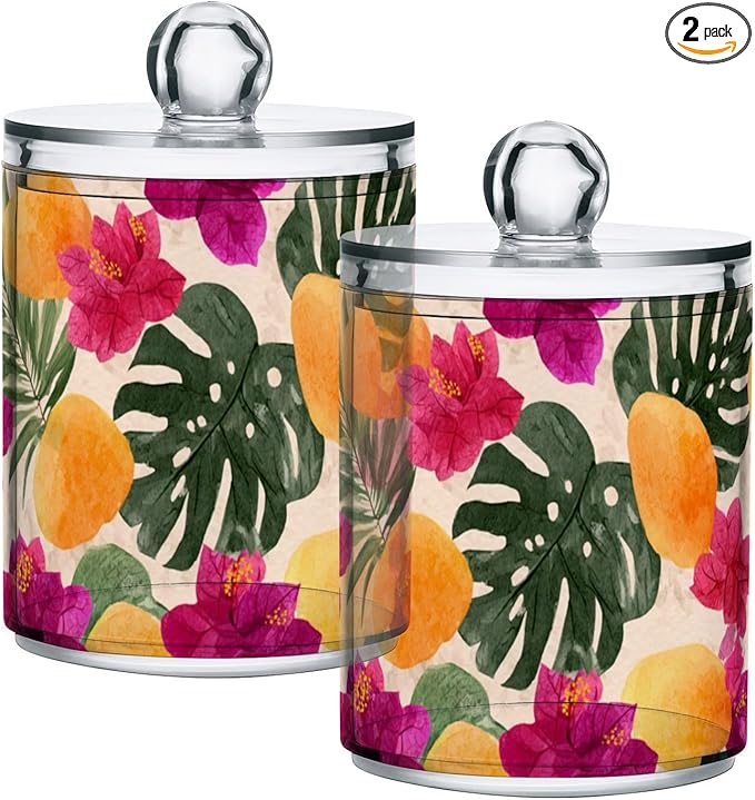 2 Pack Apothecary Jars Artistic Tropical Floral Yellow Bathroom Vanity Storage Organizer Set,Small Clear Plastic Storage Jars Bathroom Canister for Cotton Swabs, Rounds, Balls, Qtips,Makeup Spo
