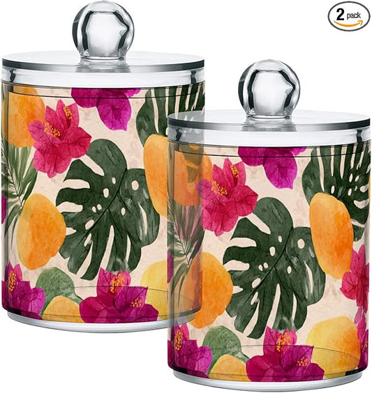 2 Pack Apothecary Jars Artistic Tropical Floral Yellow Bathroom Vanity Storage Organizer Set,Small Clear Plastic Storage Jars Bathroom Canister for Cotton Swabs, Rounds, Balls, Qtips,Makeup Spo