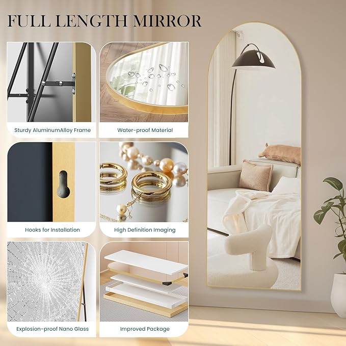 NEWBULIG Full Length Mirror, Full Body Floor Mirror with Aluminum Alloy Thin Frame, Wall or Standing Mirror for Bedroom, Living Room, Dressing Room