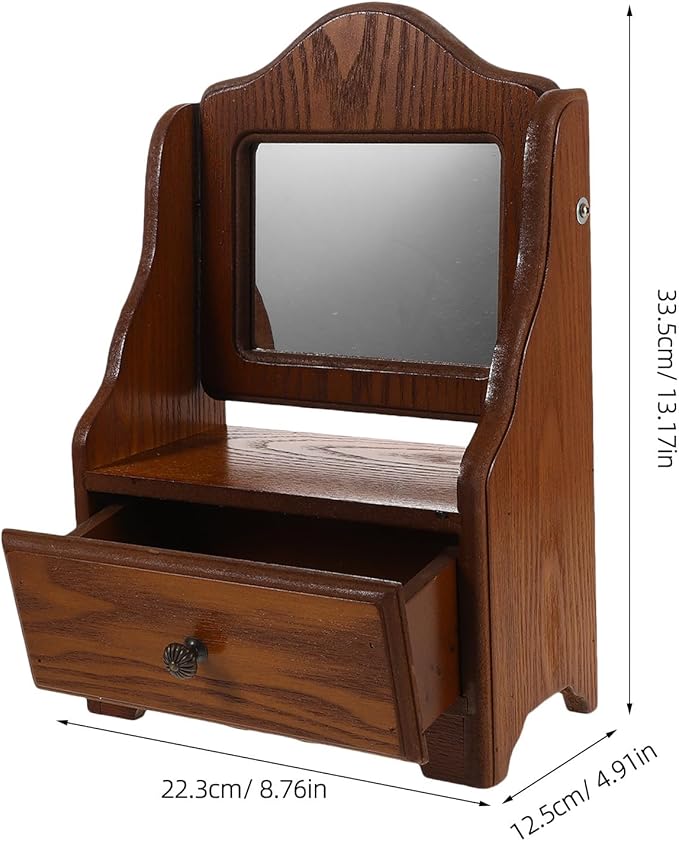Rustic Wood Vanity Mirror with Storage Drawer, Square Tabletop Makeup Mirror for Bedroom and Bathroom Organizer, Small Desk Vanity for Women’s Dressing Table
