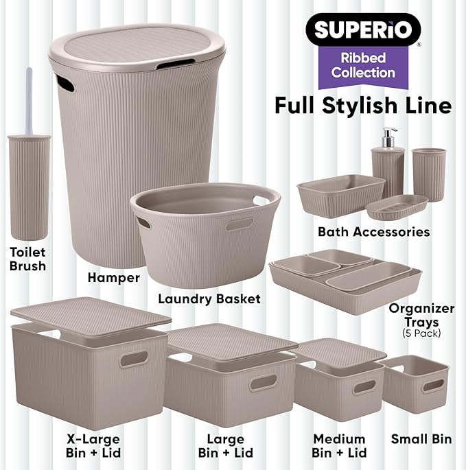 Superio Decorative Plastic Basket Open Home Storage Bins Organizer Baskets, Small, Taupe (8 Pack) Container Boxes for Organizing Closet Storage Bins for Shelves Drawer Shelf, 1.5 Liter