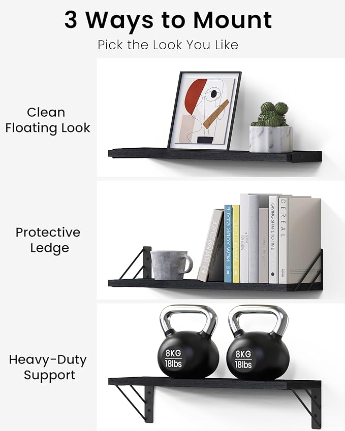 BAYKA Wall Mounted Floating Shelves, Wood Floating Wall Shelf for Books & Decor, Small Space-Saving Display & Organizer（Black，Set of 4）