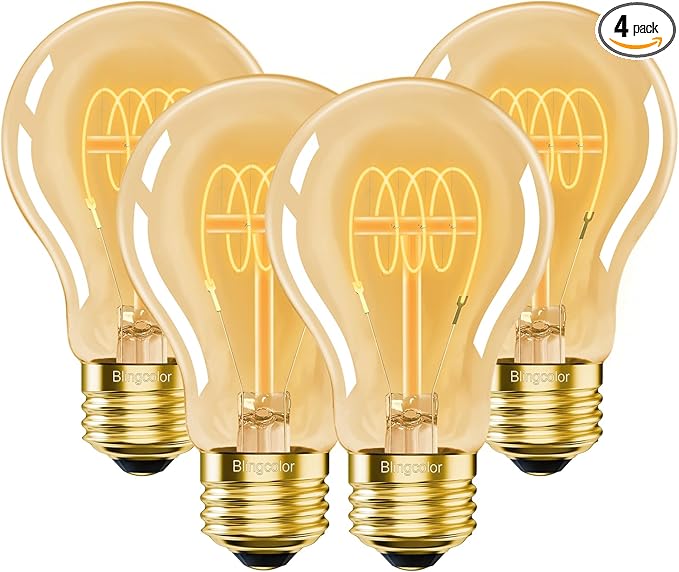 BLINGCOLOR A19 Vintage LED Edison Light Bulbs 40 Watt, 4-Pack Dimmable A19 4W 2200K Amber Warm Light Bulbs, E26 Base, 4W Equal 40 Watt Incandescent Bulbs, Decorative Antique Spiral LED Bulb, 300LM