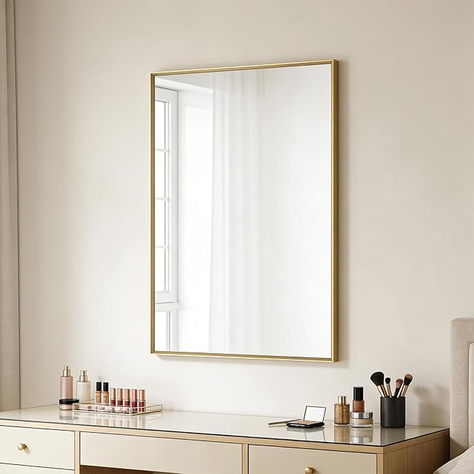 Bathroom Mirror for Wall, 36x24 Inch Metal Framed Mirror, Brushed Gold Rectangle Mirror, Bathroom Vanity Mirror Farmhouse, Tempered Glass, Anti-Rust, Hangs Horizontally or Vertically