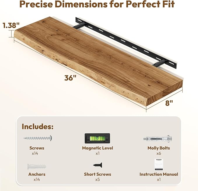 Vivelove Live Edge Floating Shelves 36 inch, Elm Wood Shelf with Invisible Bracket, Rustic Farmhouse Wall Shelf for Living Room Bedroom Bathroom Office Book, 36x8 - Set of 2 - Natural