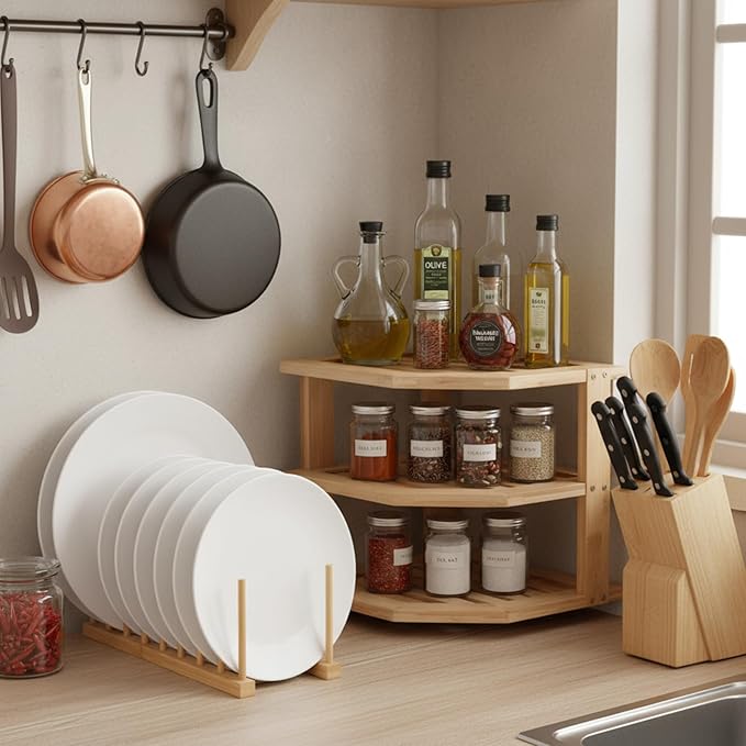 Marsui 3 Pcs Plate Storage Rack, 1 PC Bamboo 3-Tier Corner Shelf Organizer, 2 Pcs Dish Racks Plate Stand Holder, Kitchen Storage Cabinet Organizer, Hold Dishes, Cups, Plates
