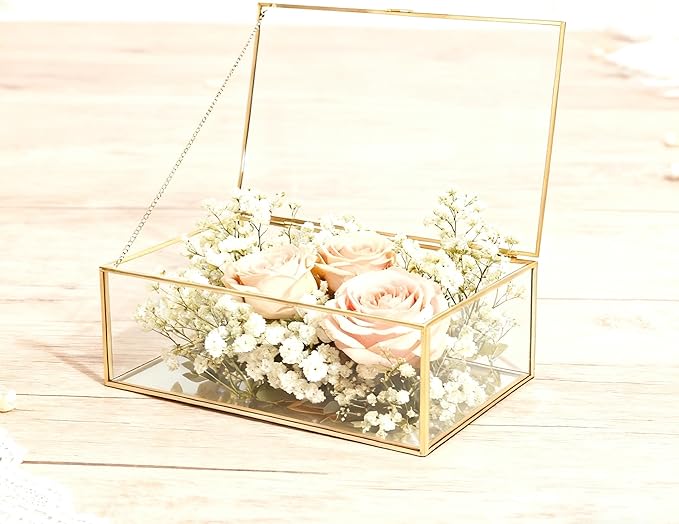 Feyarl Gold Glass Photo Display Box Figures Keepsake Box Jewelry Trinket Rings Earrings Perfume Storage Organizer Display Case Makeup Holder for Home Decor Wedding (10.8 x 7 x 3.9inch)