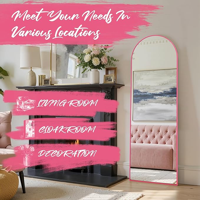 Anpark 19"x57"Arched Full Length Mirror, Full Body Mirror with Stand, Aluminum Frame for Bedroom & Hanging Leaning Modern Simple Home Decor Shatter-proorf Nano Glass Wall Living Room Cloakroom, Pink