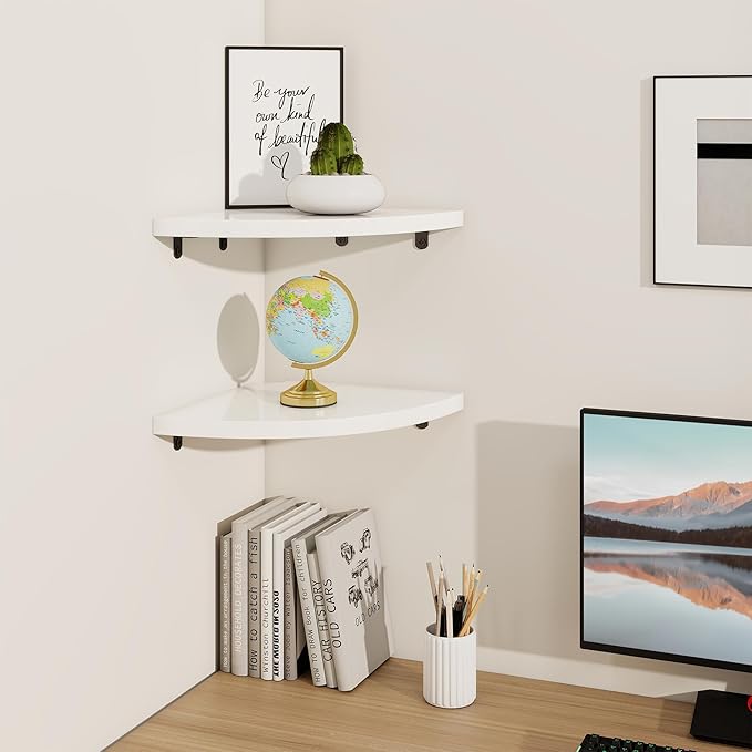 Fun Memories Corner Shelf Wall Mount Set of 2 - Solid Oak Wood Floating Corner Shelf with Cable Hole, 10in Rustic Design for Bedroom, Living Room, Kitchen (White)