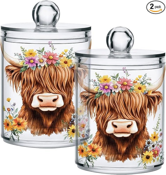 2 Pack Qtip Holder Dispenser for Cotton Ball Adorable Highland Cow Florals Swab Round Pads Clear Plastic Acrylic Jar Set Bathroom Canister