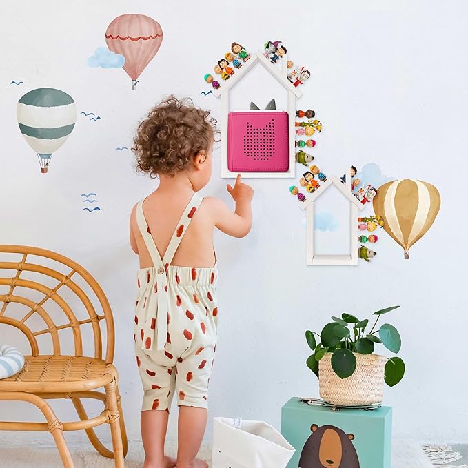 for Tonies Shelf Magnetic - for Tonies Figure Organizer Kids Room, Wooden Display Shelf for Tonies Box Holder, Wall Floating Shelves Toy Storage, House Shape Set of 2 with 38Pcs Metal Plate (White)