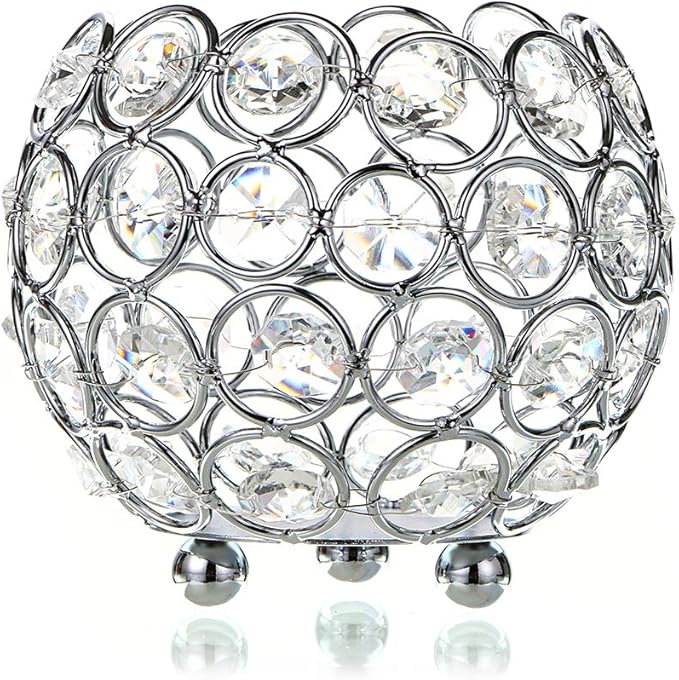 OwnMy 10cm Crystal Bowl Votive Candleholder Sparkly Tea Light Candle Holders Candle Lanterns Decorative Candelabra Vase for Christmas New Year Wedding Table Centerpieces (Silver Tone)