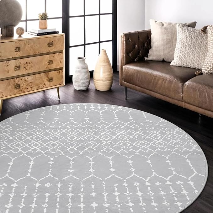 Lahome Moroccan Washable Round Rug 4Ft Round Area Rugs for Bedroom Non-Slip Grey Stain Resistant Round Kitchen Rug, Modern Geometric Print Indoor Floor Circle Carpet for Entryway Living Room Sofa Hana