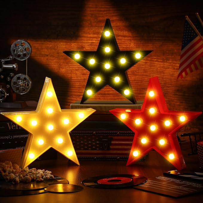 VIHOSE 6 Pcs Marquee Star Lights LED Star Signs Light up Movie Theater Decor Battery Operated Night Light for Gifts Birthday Party Home Movie Decor (Red,Black,Warm)