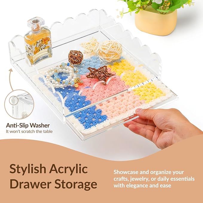 Acrylic Trays for Needlepoint 5" x 5", Scalloped Acrylic Tray with Drawer for Insert Needlepoint, Photos, Art, Fabric, Napkin, Messages Display Basket, Decorative Tray Gift for Home Office